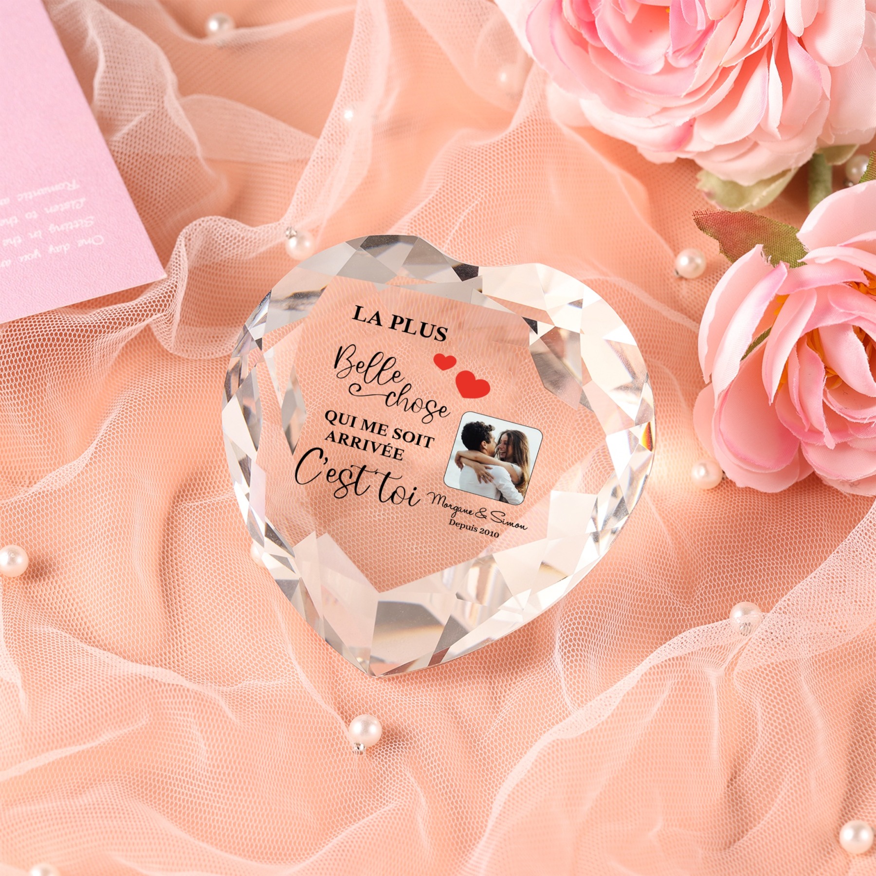 Décoration Cristal Cœur 2 Prénoms et 1 Photo Personnalisés avec Date pour Couple