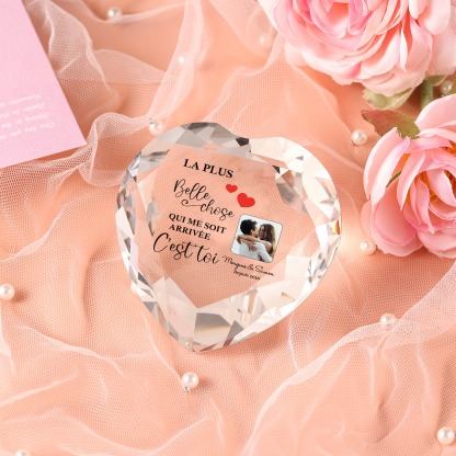 Décoration Cristal Cœur 2 Prénoms et 1 Photo Personnalisés avec Date pour Couple
