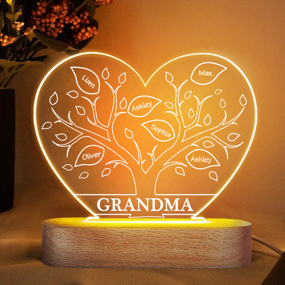 À Maman/Mamie - Lampe de chevet LED Arbre 6 Prénoms Personnalisés avec 1 Texte