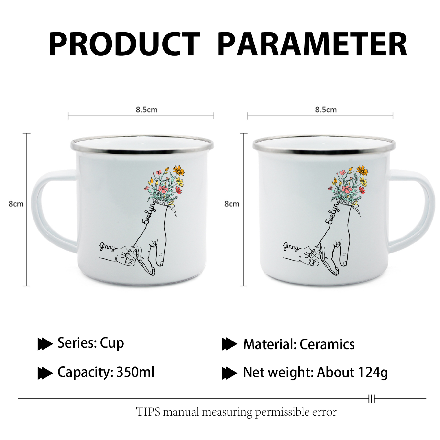 À Maman/Mamie - Tasse émaillée la Main dans la Main 2 Prénoms Personnalisés