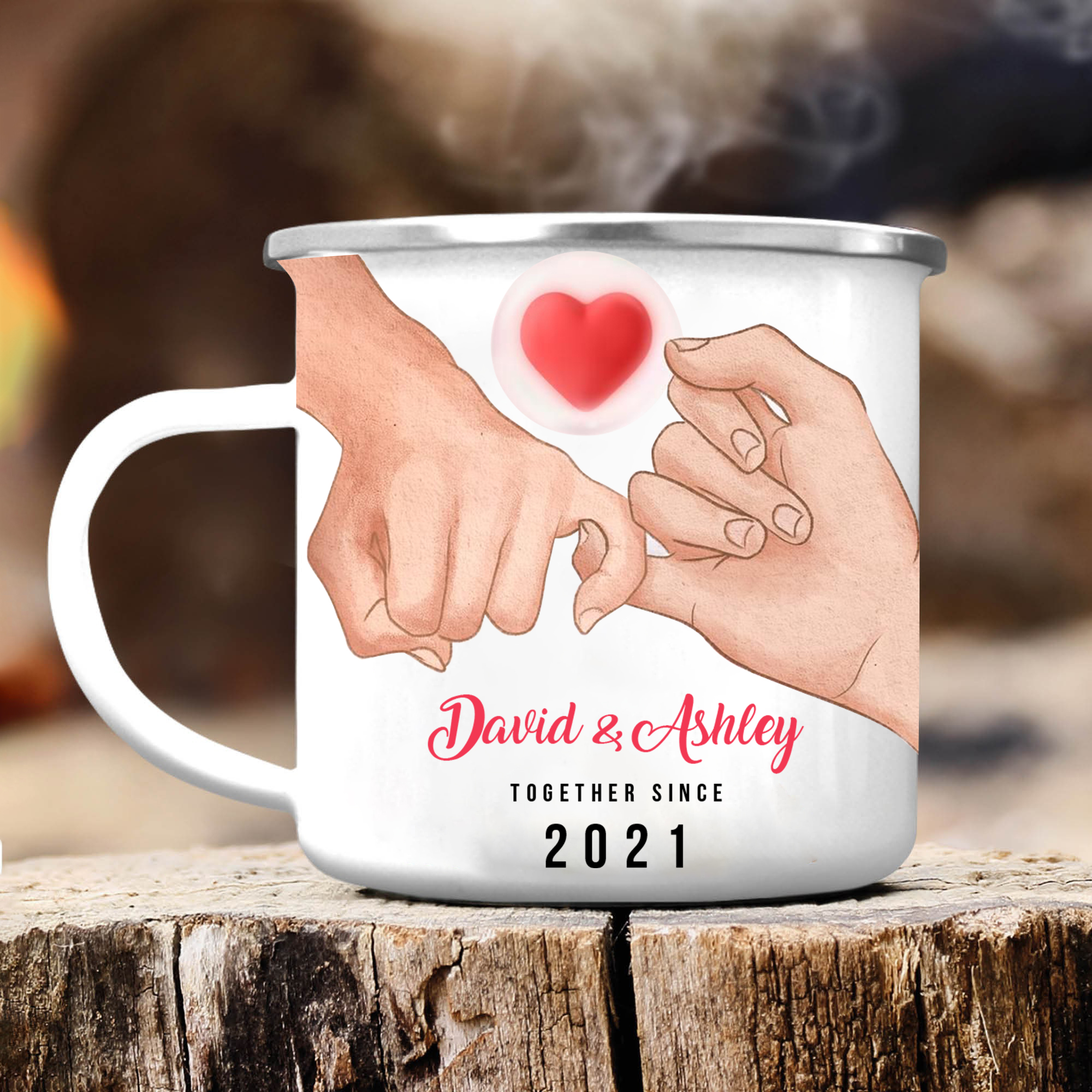 Tasse émaillée 2 Prénoms Personnalisés avec Texte et Année pour Couple promesse du petit doigt