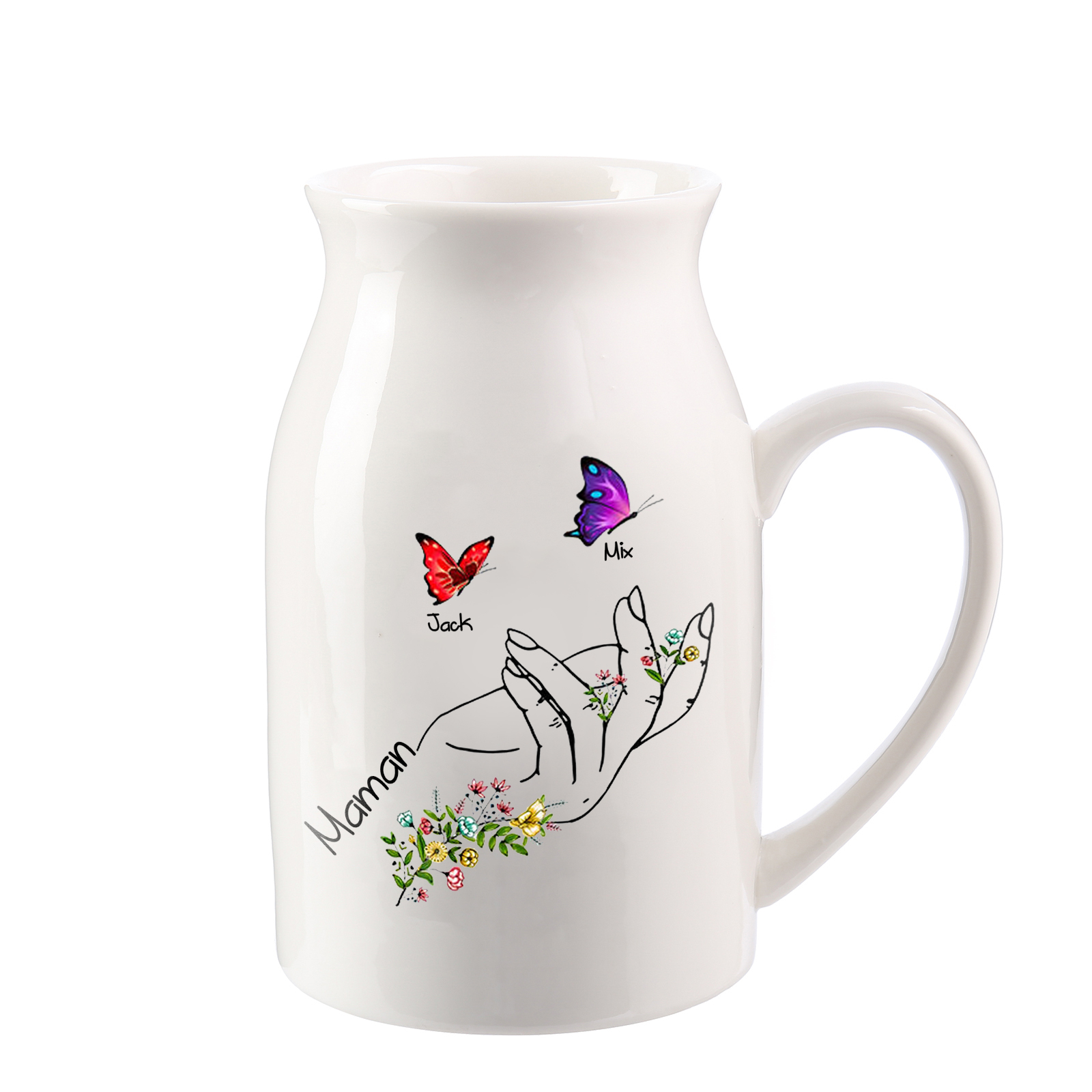 Vase à Fleurs Mains et Papillons 2 Prénoms Personnalisés avec Texte Décoration de la Maison