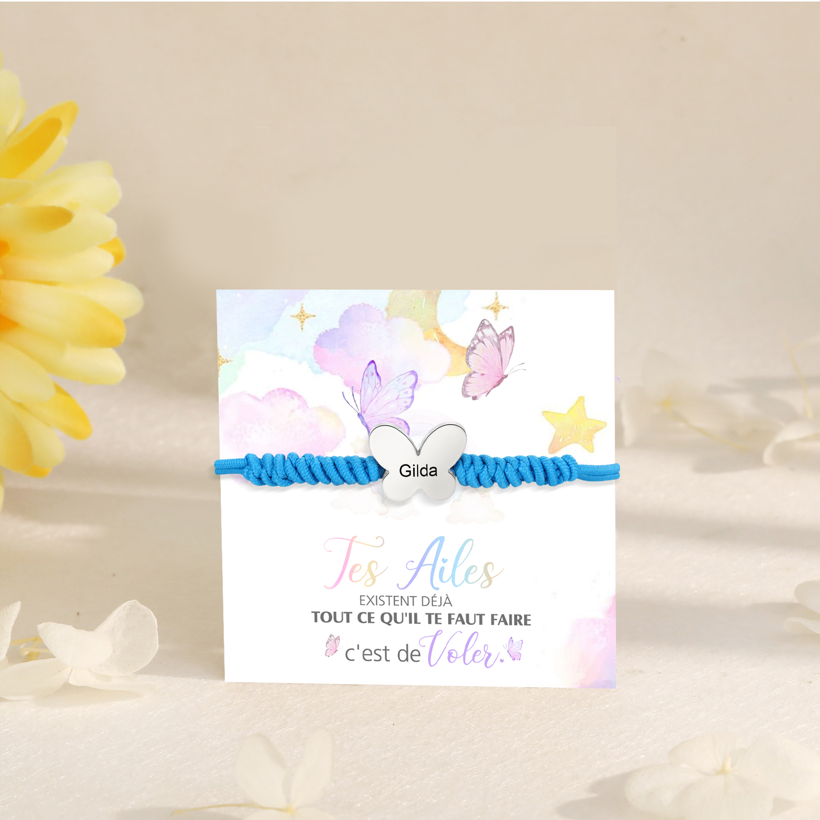 Bracelet Papillon Prénom Personnalisé Corde élastiques - Cadeau Rentrée Scolaire