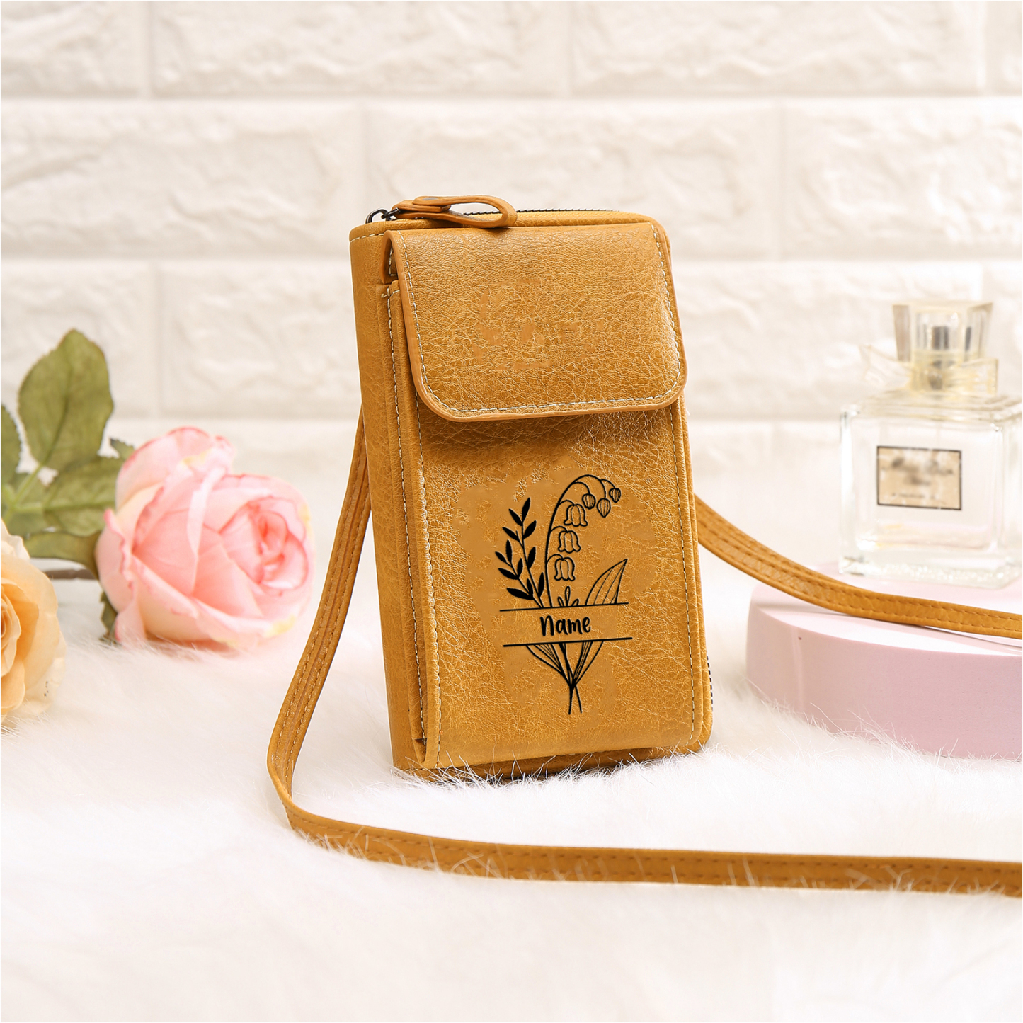 Portefeuille/Sac Bandoulière Femmes 1 Prénom et Fleur de Naissance Personnalisés