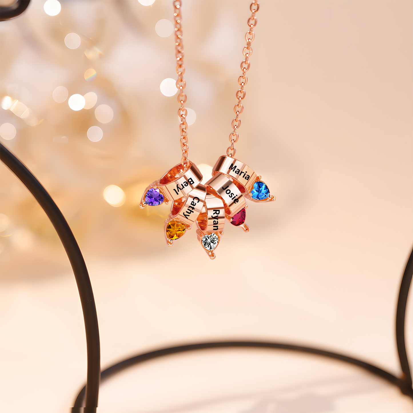 Collier Pendentif Cœur 5 Prénoms et Pierres de Naissance Personnalisés Collier Femmes