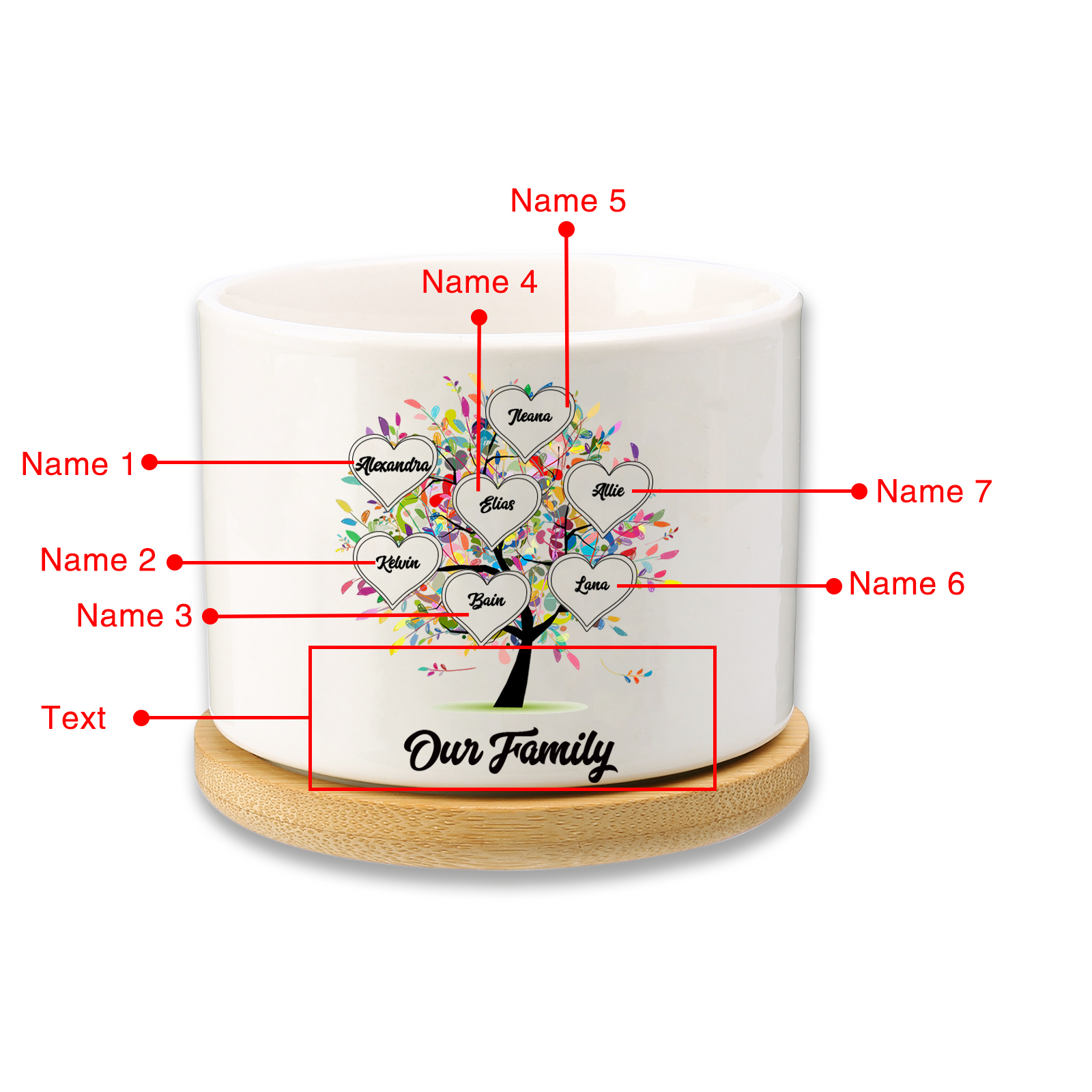 Vase/Pot de Fleurs Arbre 7 Prénoms Personnalisés avec Texte Décoration de la Maison (sans plantes)