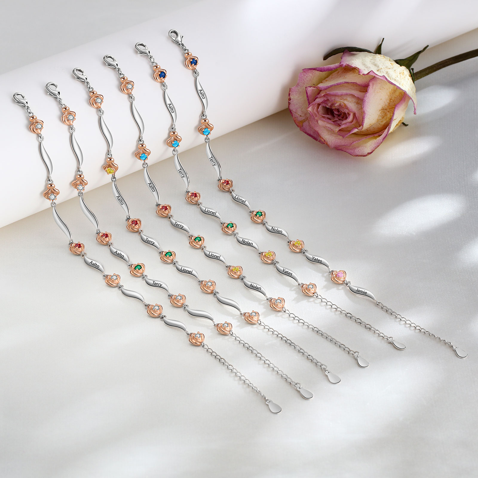 Bracelet Roses 3 Prénom Personnalisé avec 3 Pierre de Naissance