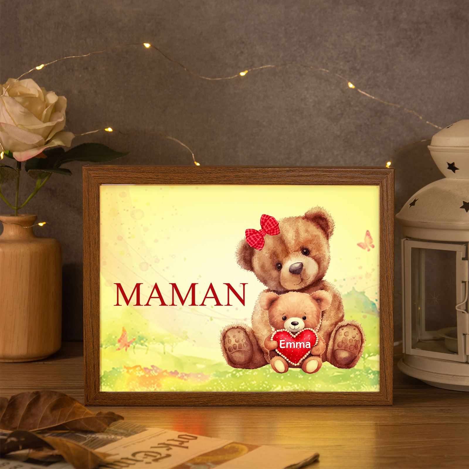 Cadre Photo LED Ours 1 Prénom Personnalisé avec 1 Texte Décoration Famille