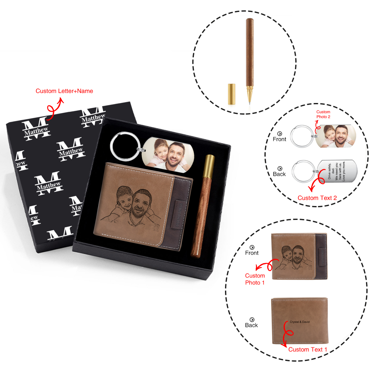 Coffret Cadeau 3PCS - Portefeuille classique Porte-Clés et Stylo 1 Prénom et Lettre Personnalisés avec 2 Photos et Textes Coffret Cadeau pour Homme
