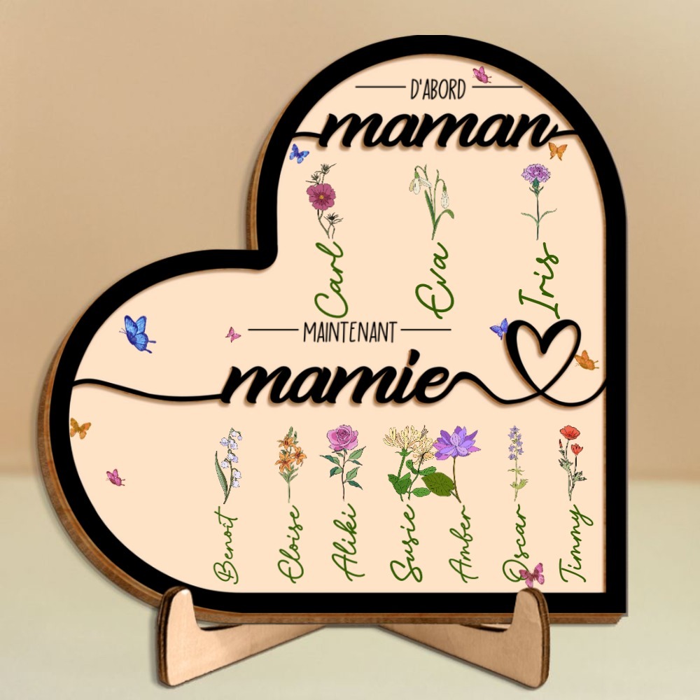 Plaque Cœur en Bois 1-10 Prénoms Personnalisés Décoration de Maison Cadeau pour Mamie | Jessemade