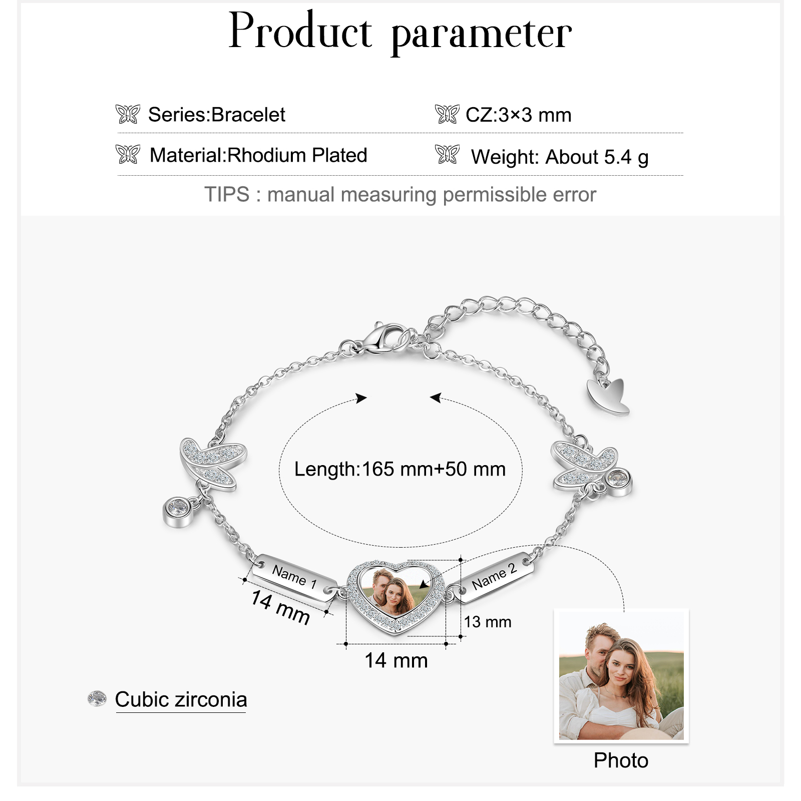 Bracelet Photo 2 prénom Personnalisé avec Cœur Breloque