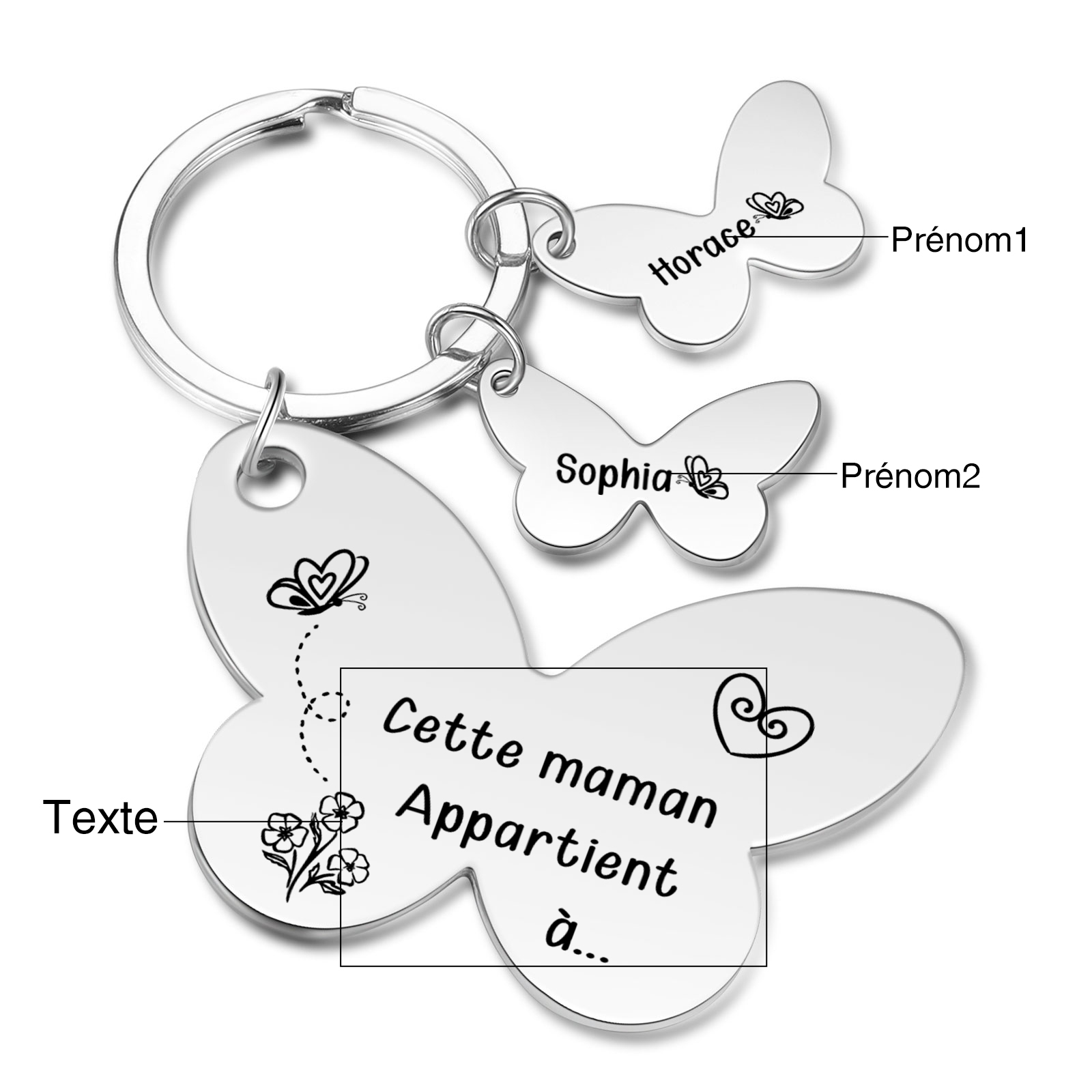 À Maman/Mamie - Porte-Clés Papillon 2 Prénoms Personnalisés avec Texte