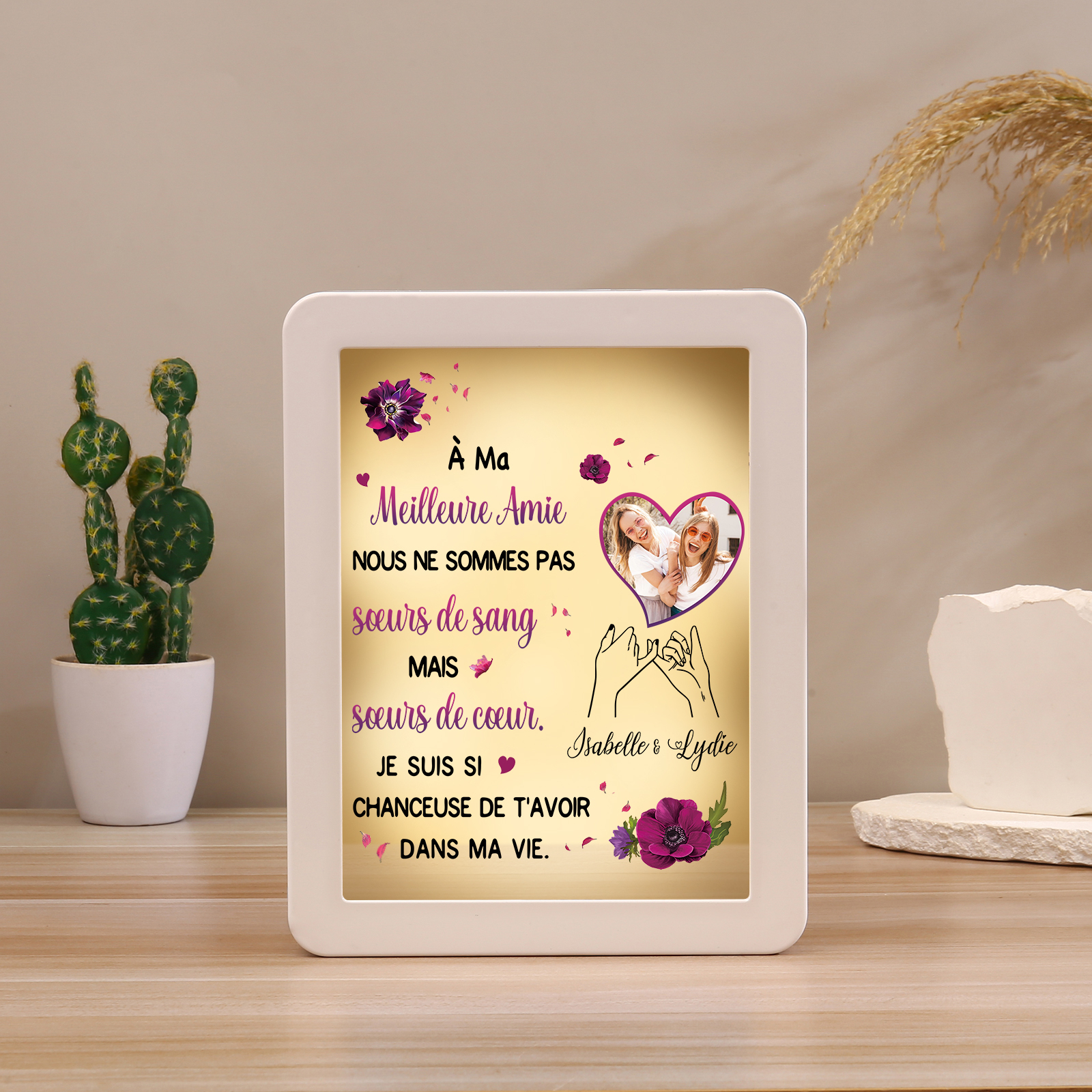 À ma Meilleure Amie - Cadre Photo/Miroir LED multifonctionnel 2 Prénoms Personnalisés avec 1 Photo