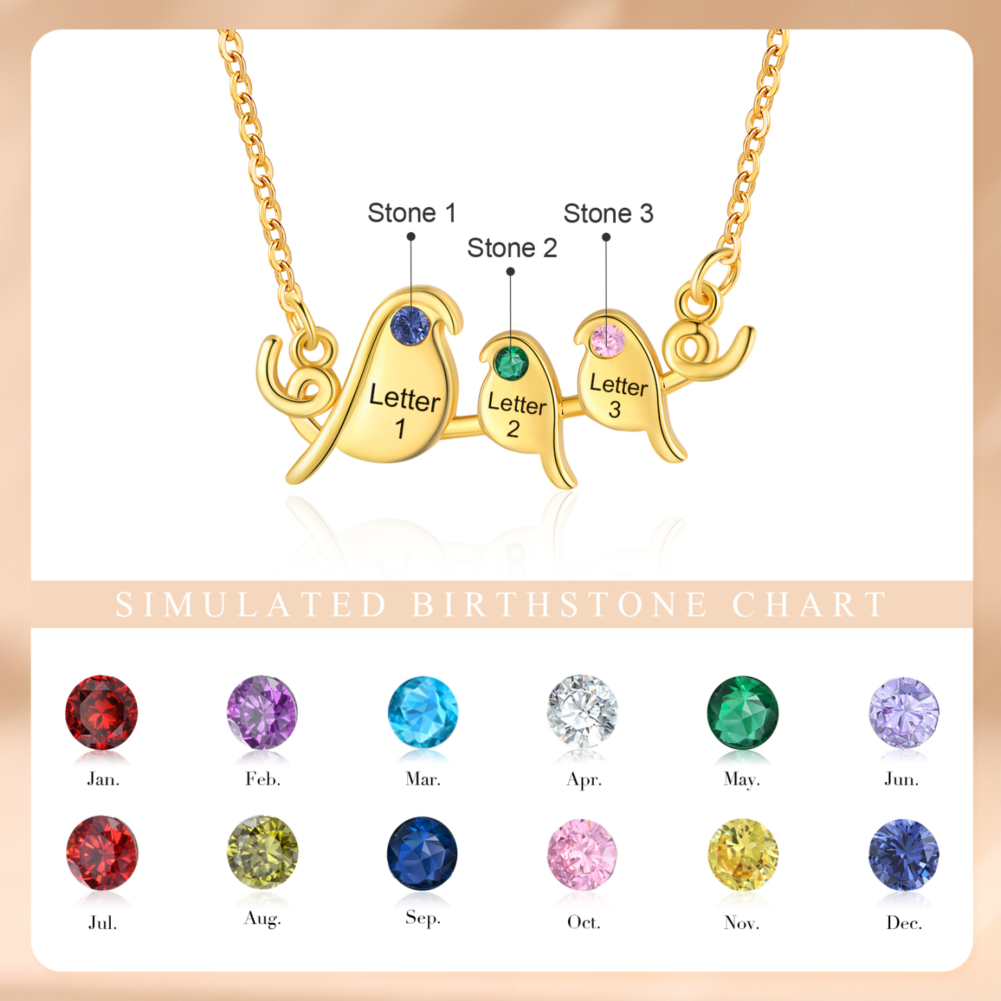 Collier Lettre Collier Petit Oiseau 3 Lettres et Pierres de Naissance Personnalisés pour Femmes|Jessemade