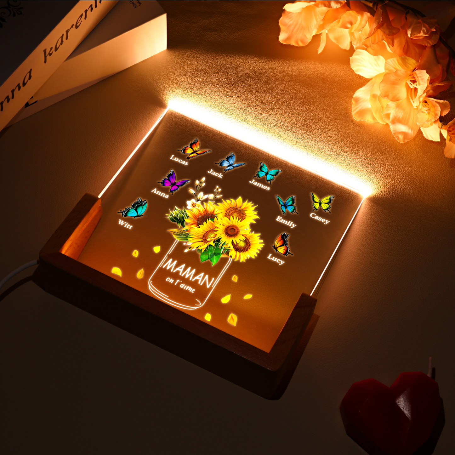 À Maman/Mamie - Lampe de chevet LED Tournesol 8 Prénoms Personnalisés avec 2 Textes pour Famille