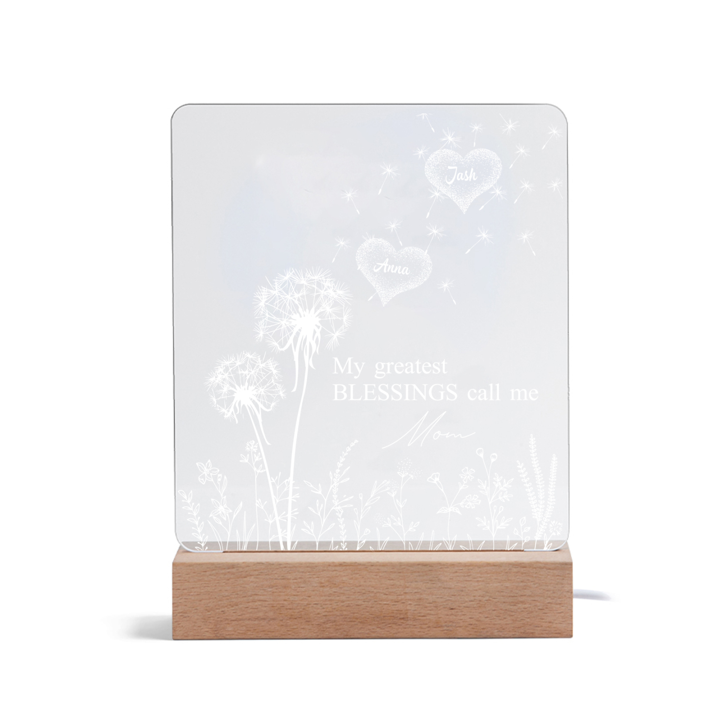 À Maman/Mamie - Lampe de chevet LED Pissenlit 2 Prénoms Personnalisés avec 2 Textes pour Famille