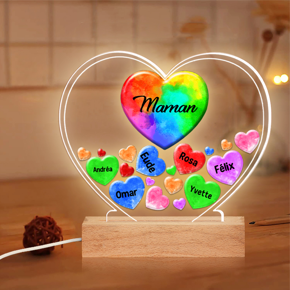 À Ma Maman/Mamie -  Lampe de chevet LED Lumières Cœur 1-14 Prénoms Personnalisés avec 2 Textes