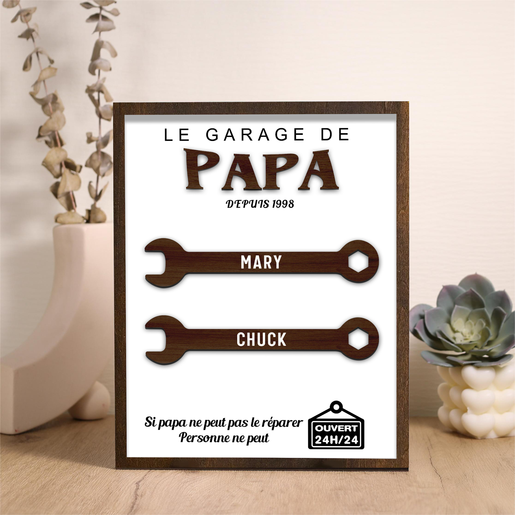 À Mon Papa-Cadre en Bois Garage 2 Prénoms Personnalisés | Jessemade