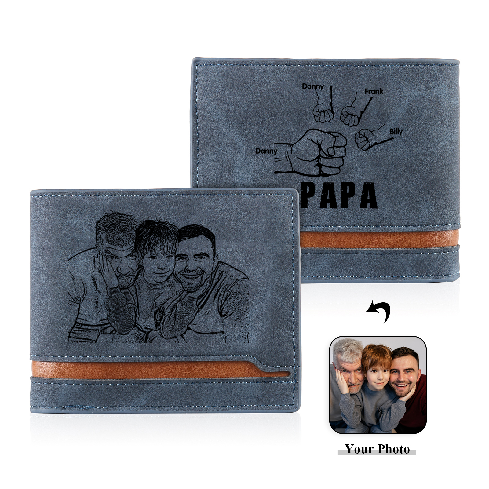 À mon Papa - Portefeuille Poings 4 Prénoms Personnalisés avec Photo Classique Homme Porte-Monnaie Carte