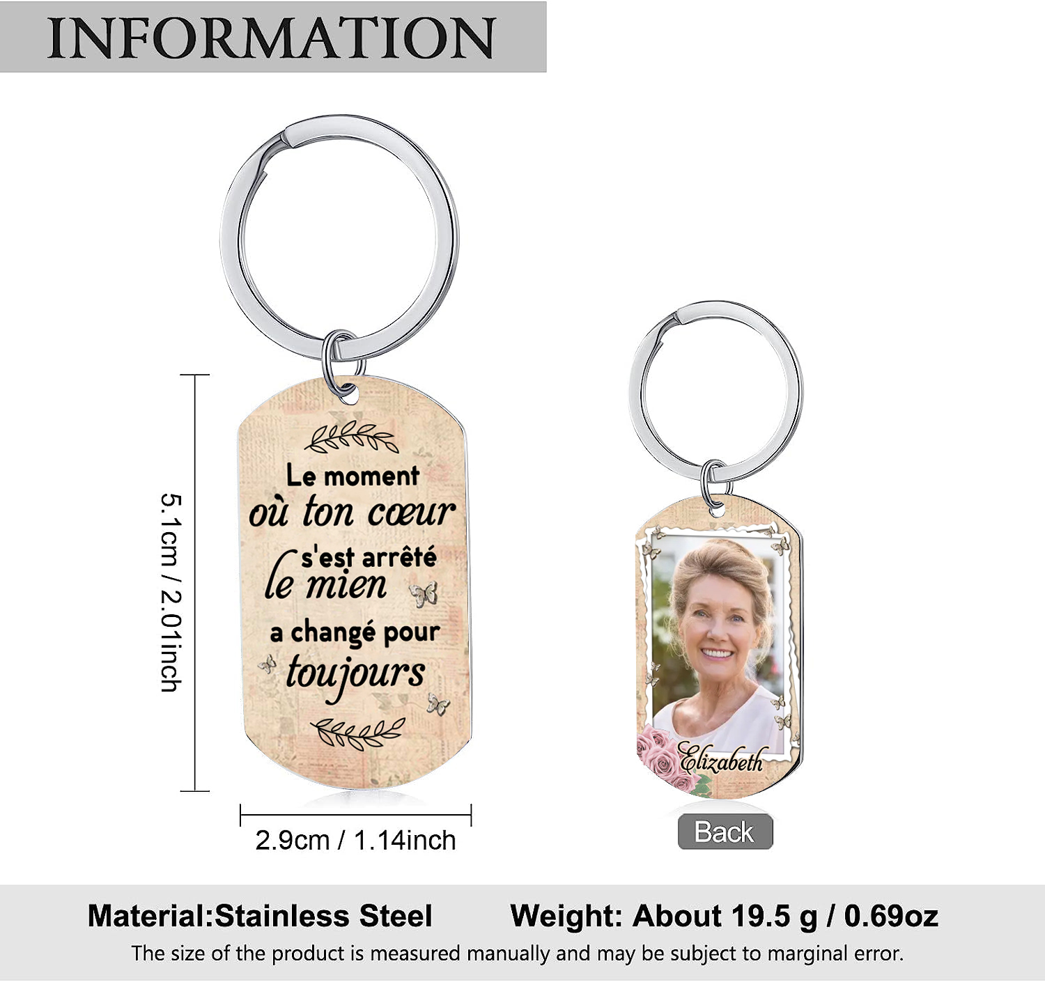 Porte-Clés Commémoratif 1 Prénom et Photo Personnalisés Le moment où ton coeur s'est arrêté le mien a changé pour toujours