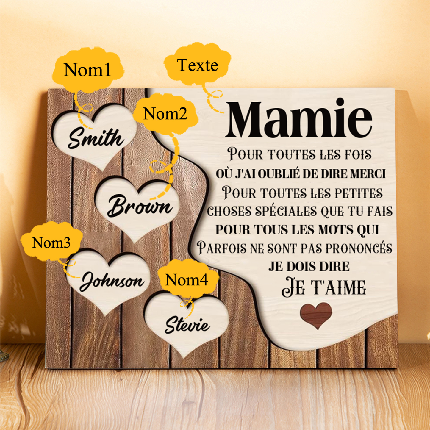 À ma Maman/Mamie - Cadre en Bois 4 Prénoms Personnalisés avec Texte Cadeau pour Famille