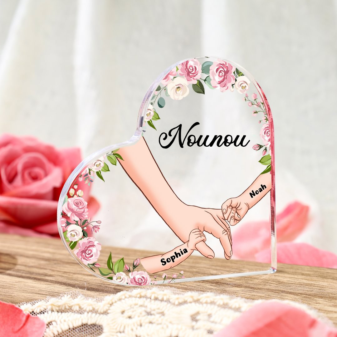 À Ma Nounou - Plaque Acrylique en Forme de Cœur La Main Dans La Main 2 Prénoms Personnalisés avec Texte