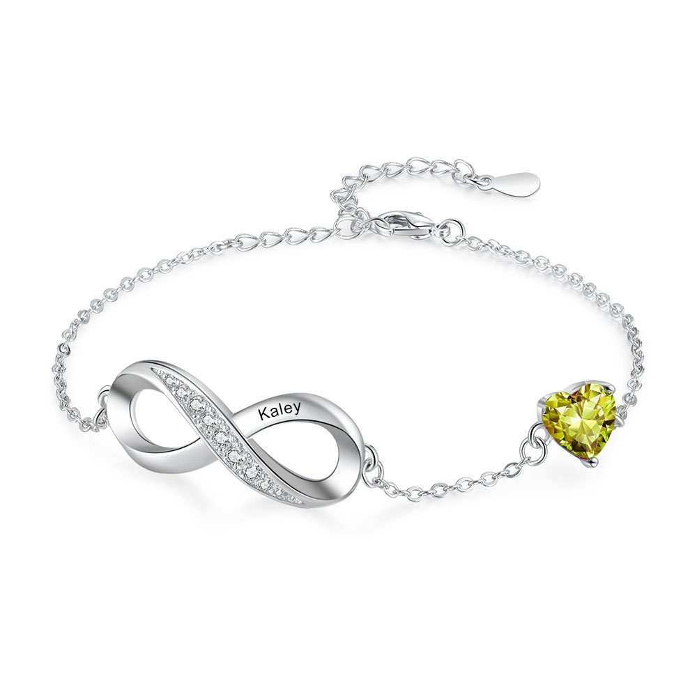 Bracelet infini à Breloque coeurs 1 Prénom Personnalisé avec 1 Pierre de Naissance