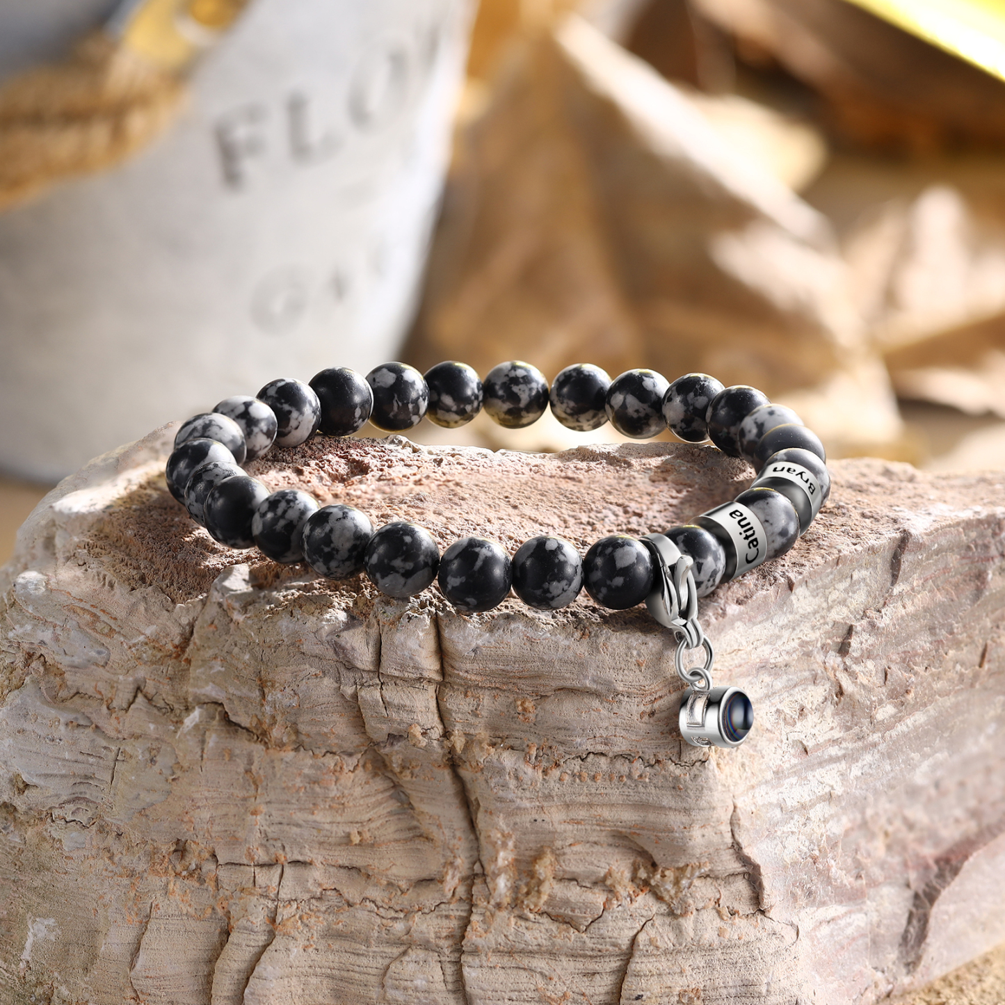 Bracelet en Malachite 2 Prénoms Personnalisés avec Photo Bracelet Photo Projection｜Jessemade