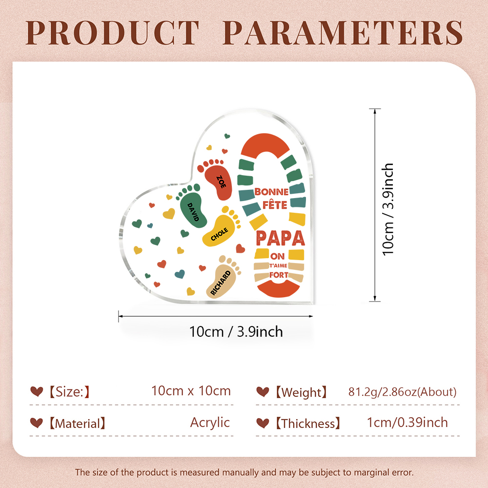 À mon Papa - Plaque Acrylique en Forme de Cœur Empreintes 4 Prénoms Personnalisés