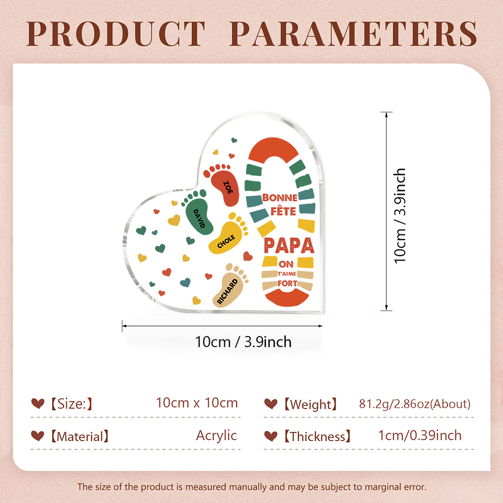 À mon Papa - Plaque Acrylique en Forme de Cœur Empreintes 4 Prénoms Personnalisés