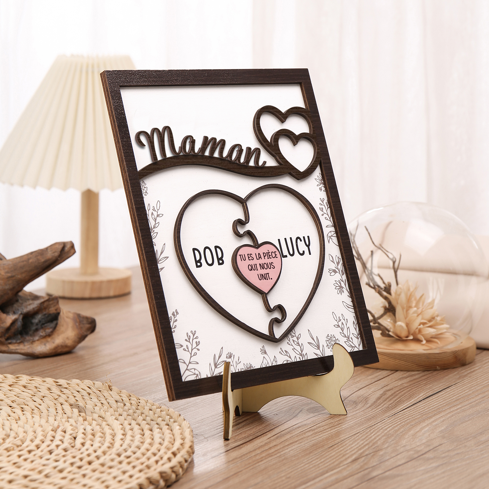 À ma Maman - Décoration en bois Cœur et Puzzle 2 Prénoms Personnalisés Ornement pour Famille