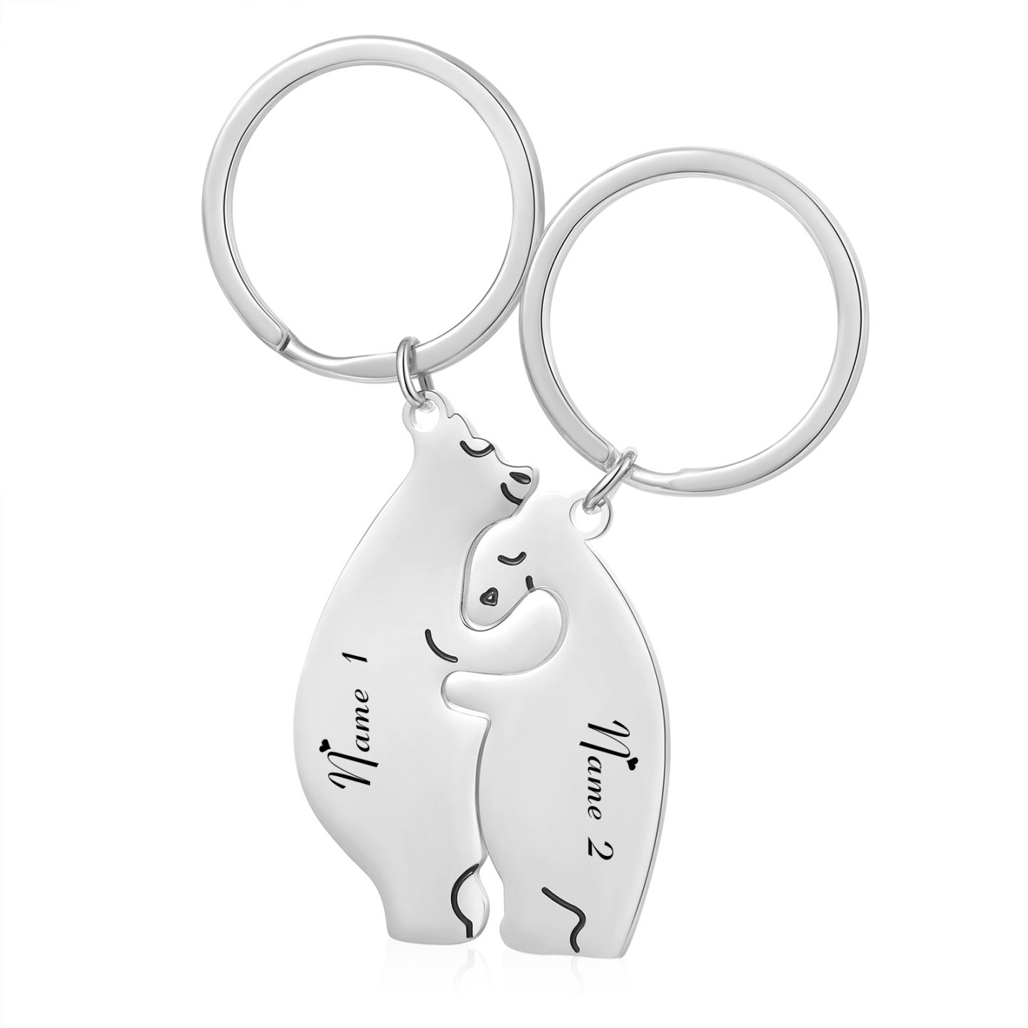 2PCS Porte-Clés Ours Couple 2 Prénoms Personnalisés