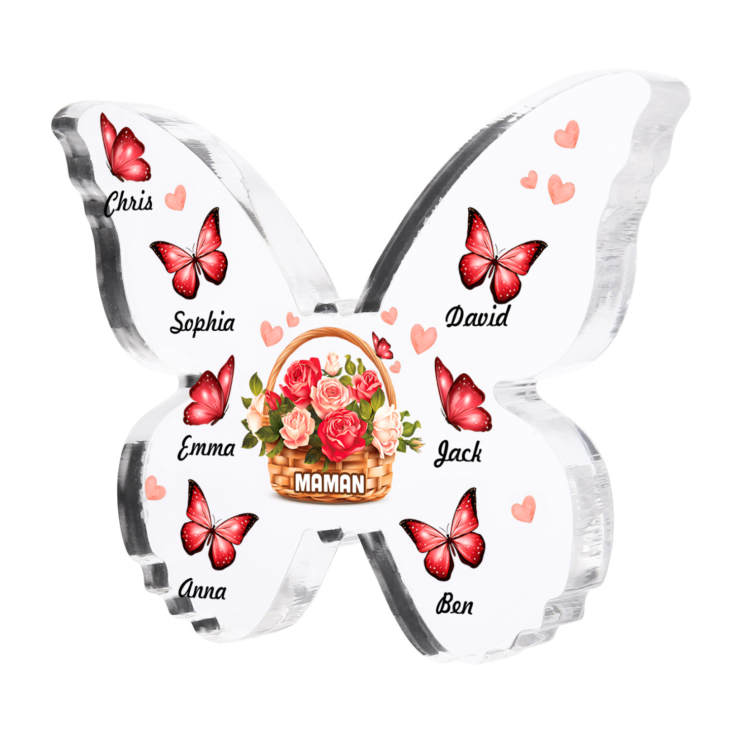 À Maman/Mamie - Plaque Acrylique en forme de Papillon 7 Prénoms et 1 Texte Personnalisés Decoration Fleurs et Papillons
