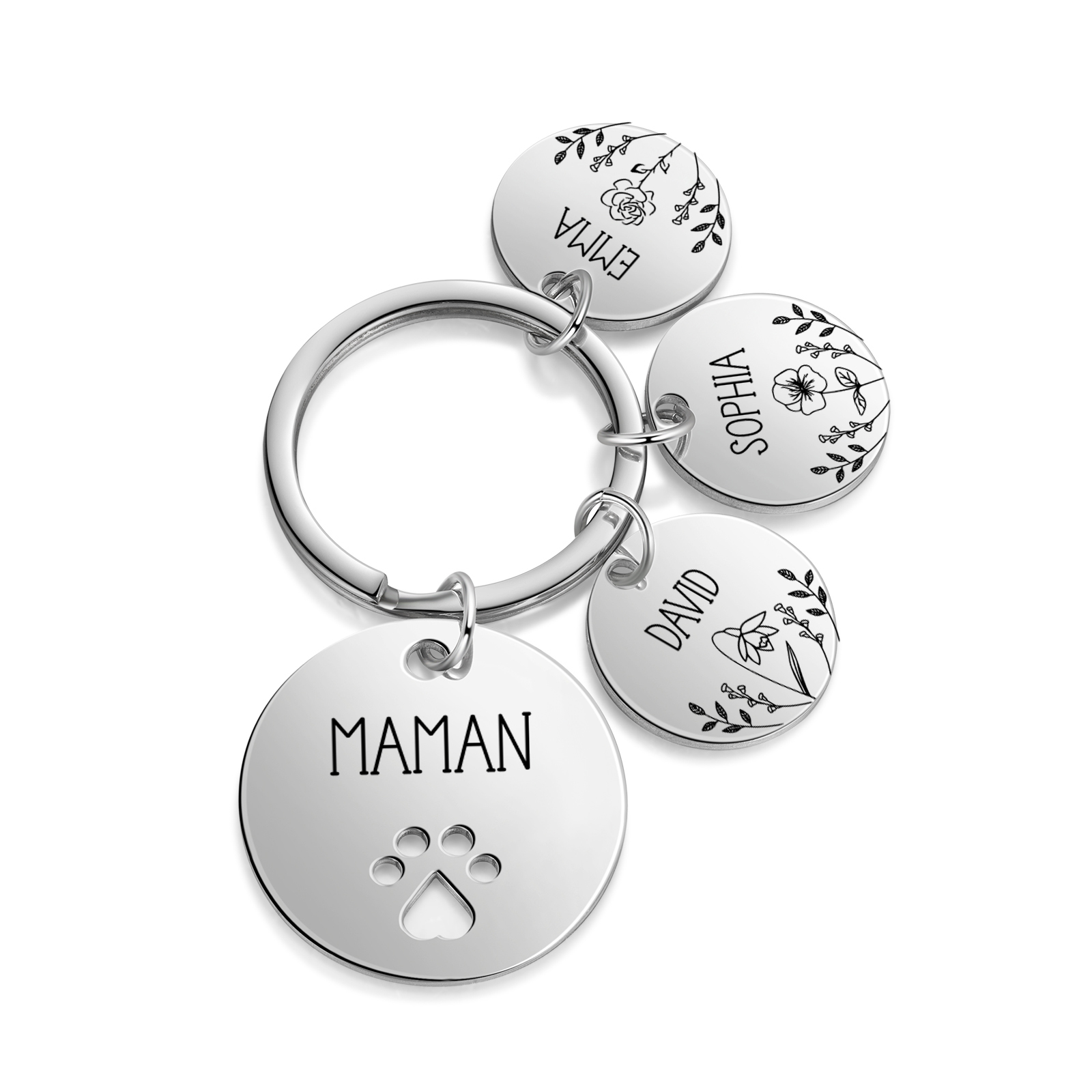 Porte-Clés patte 3 Prénoms et 1 Texte Personnalisés avec Fleur de Naissance