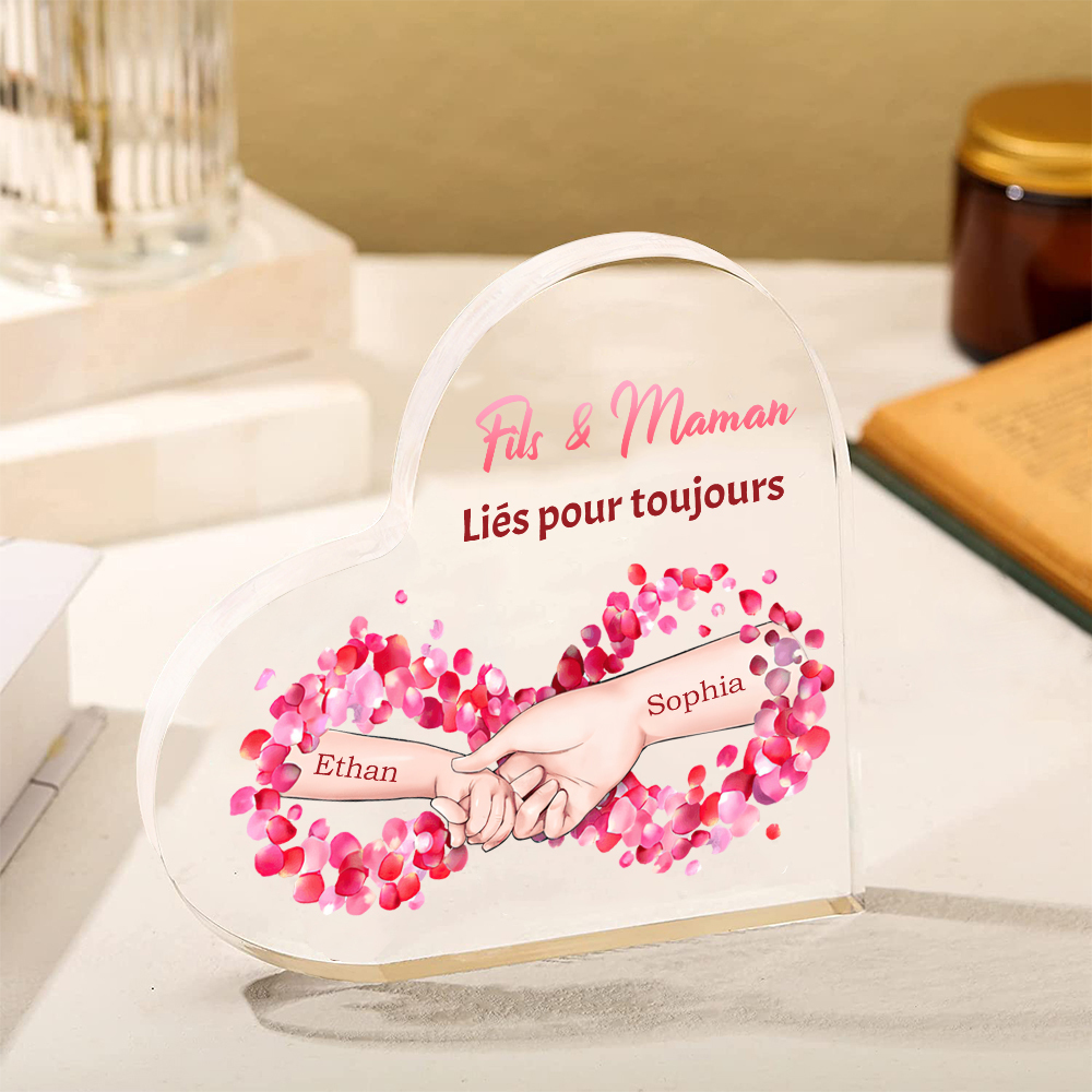 À ma Maman - Plaque Acrylique Maman et Fils en Forme de Cœur 2 Prénoms Personnalisés