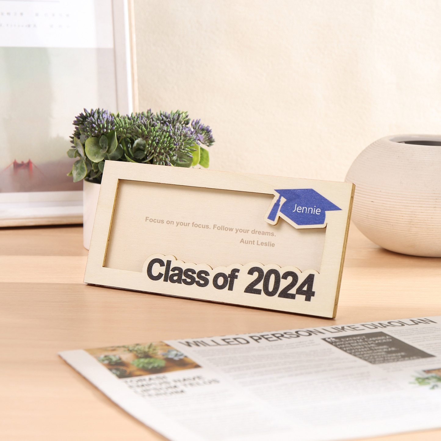 Porte-Cartes Diplômé en bois Prénom et Texte Personnalisés Cadeau de Graduation