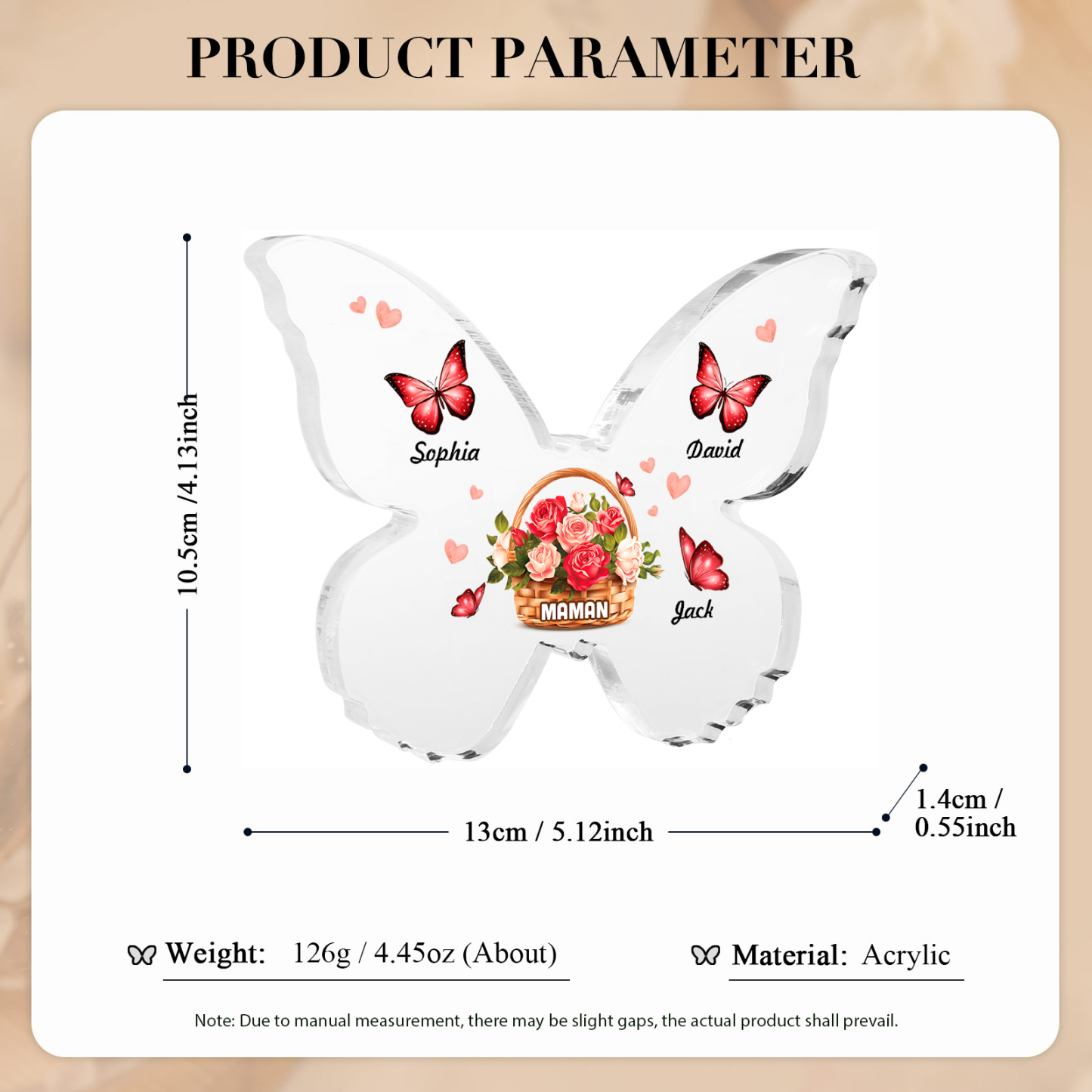 À Maman/Mamie - Plaque Acrylique en forme de Papillon 3 Prénoms et 1 Texte Personnalisés Decoration Fleurs et Papillons