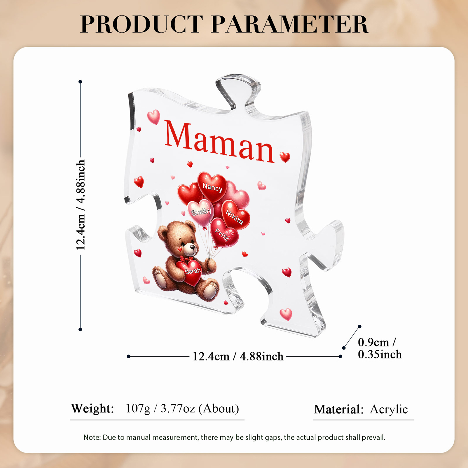 Plaque Acrylique en forme de Puzzle Ours 5 Prénoms et 1 Texte Personnalisés
