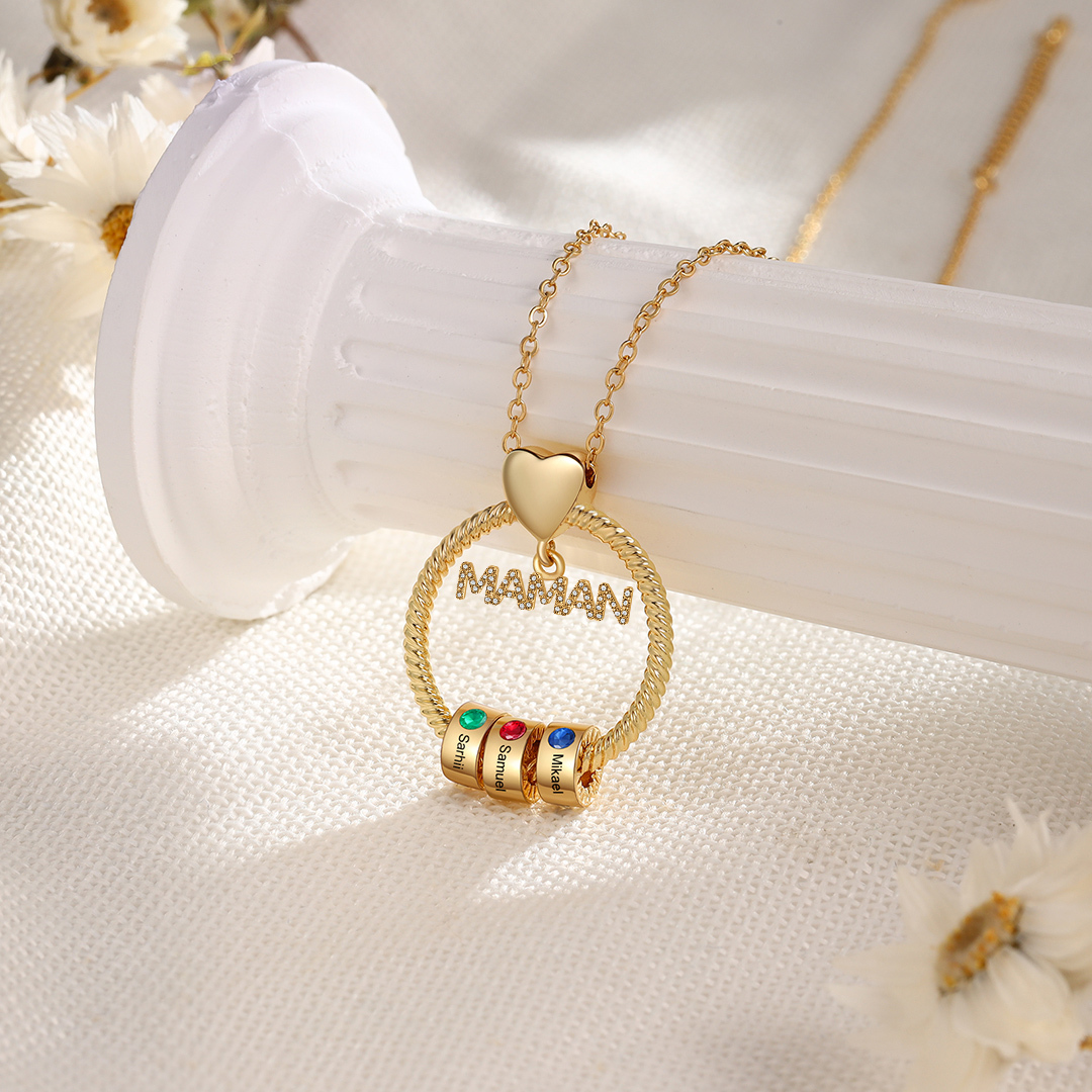 À ma Maman - Collier Pendentif 3 Prénoms Personnalisés avec Pierre de naissance|Jessemade