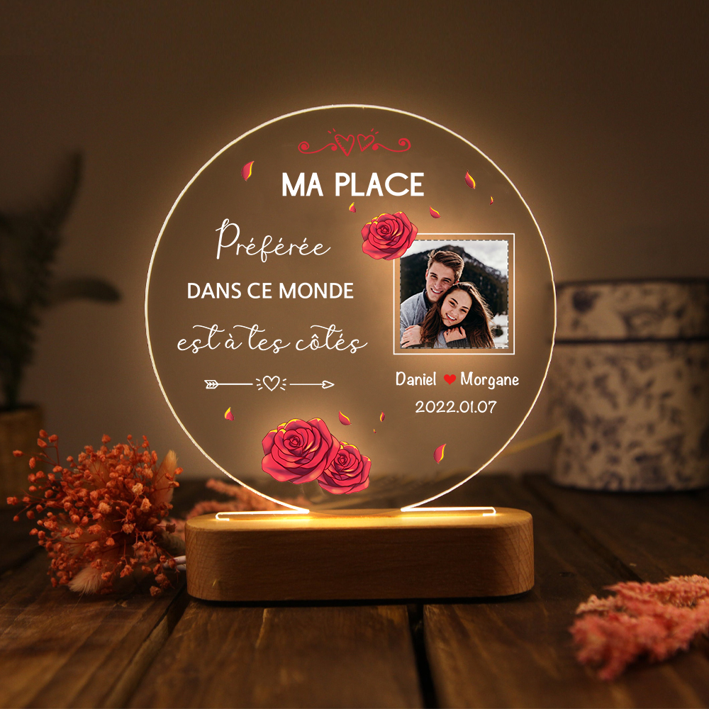 Lampe de chevet Couple LED Lumières 2 Prénoms et 1 Photo Personnalisés avec Date
