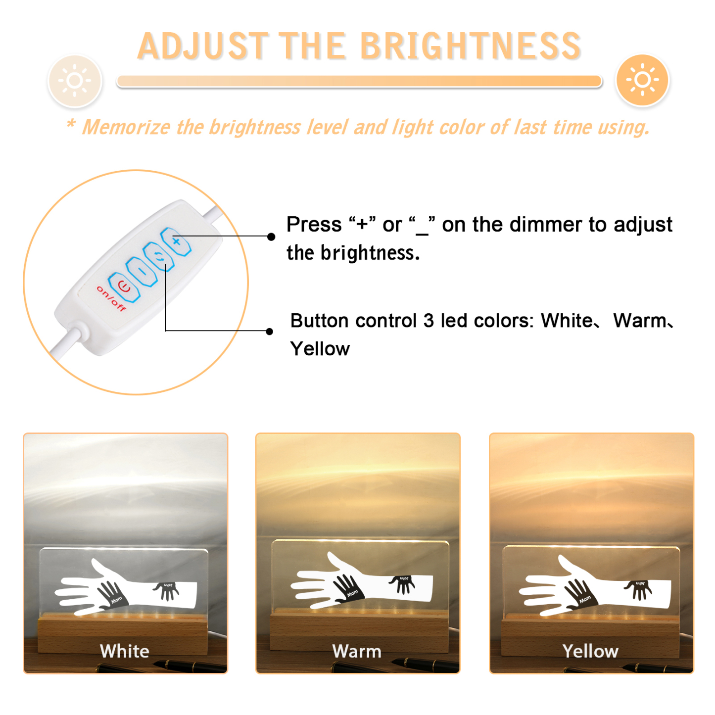 À Papa/Maman- Lampe de chevet LED Mains 2 Prénoms Personnalisés avec Texte pour Famille
