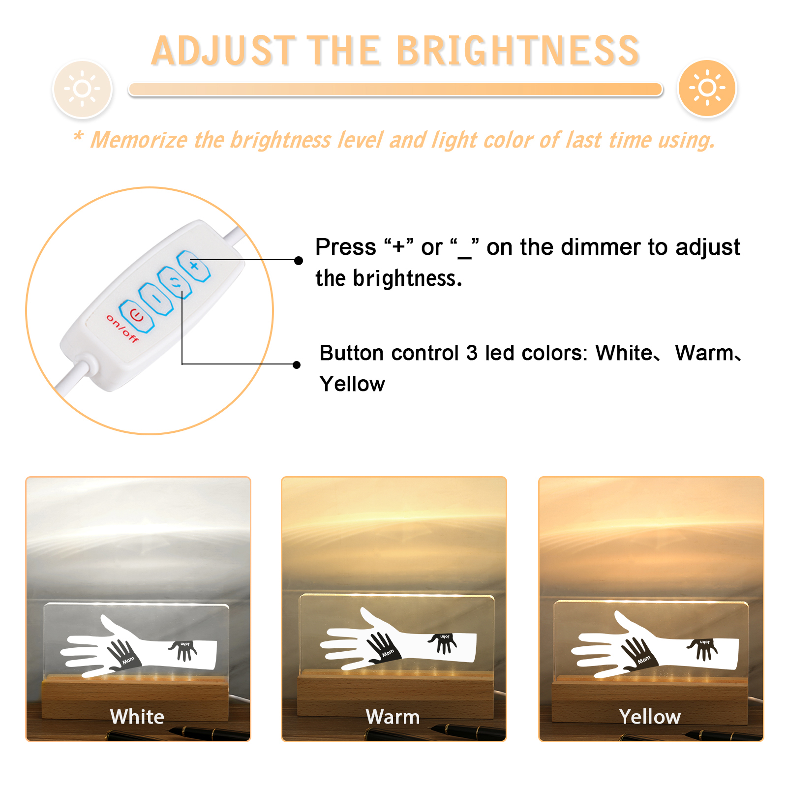 À Papa/Maman- Lampe de chevet LED Mains 2 Prénoms Personnalisés avec Texte pour Famille