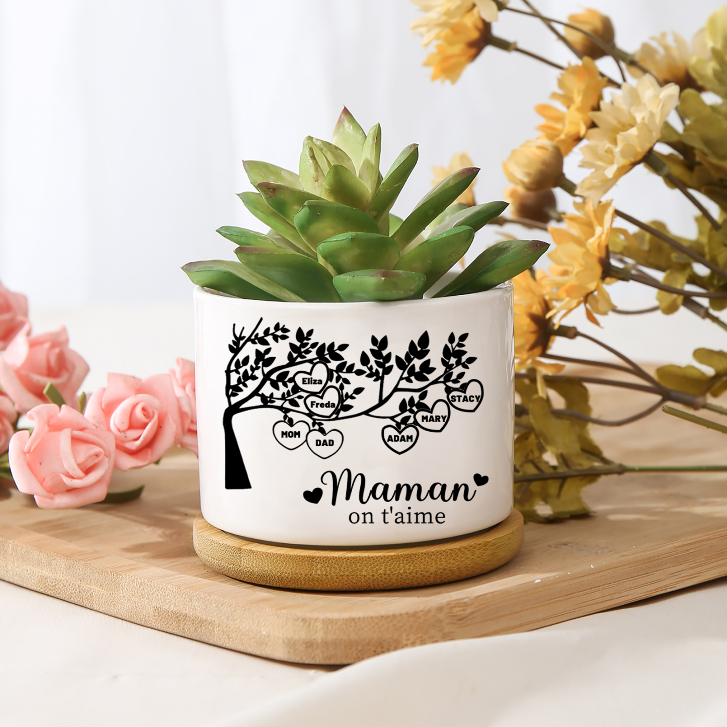 Vase/Pot de Fleurs Arbre de vie 7 Prénoms Personnalisés avec Texte Décoration de la Maison (sans plantes)