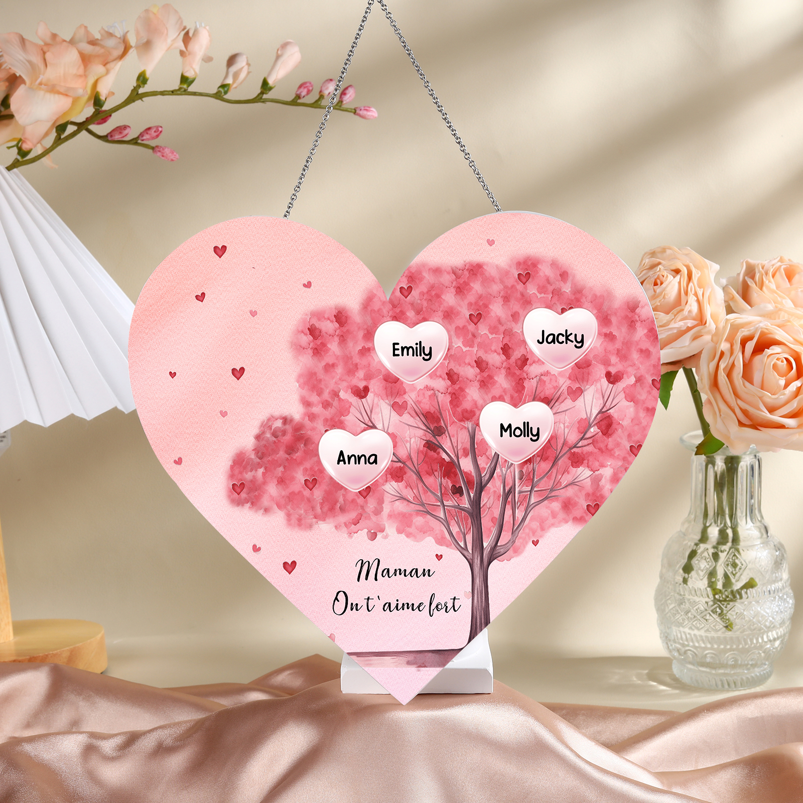 À Maman/Mamie - Veilleuse Cœur Arbre Décoration 4 Prénoms Personnalisés avec 1 Texte