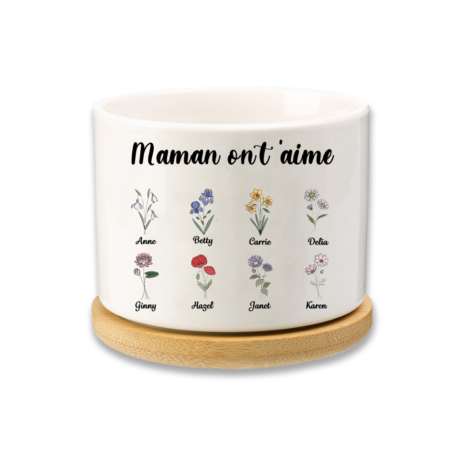 Vase/Pot de Fleurs 8 Prénoms et 1 Texte Personnalisés avec Fleurs de Naissance Décoration de la Maison (sans plantes)