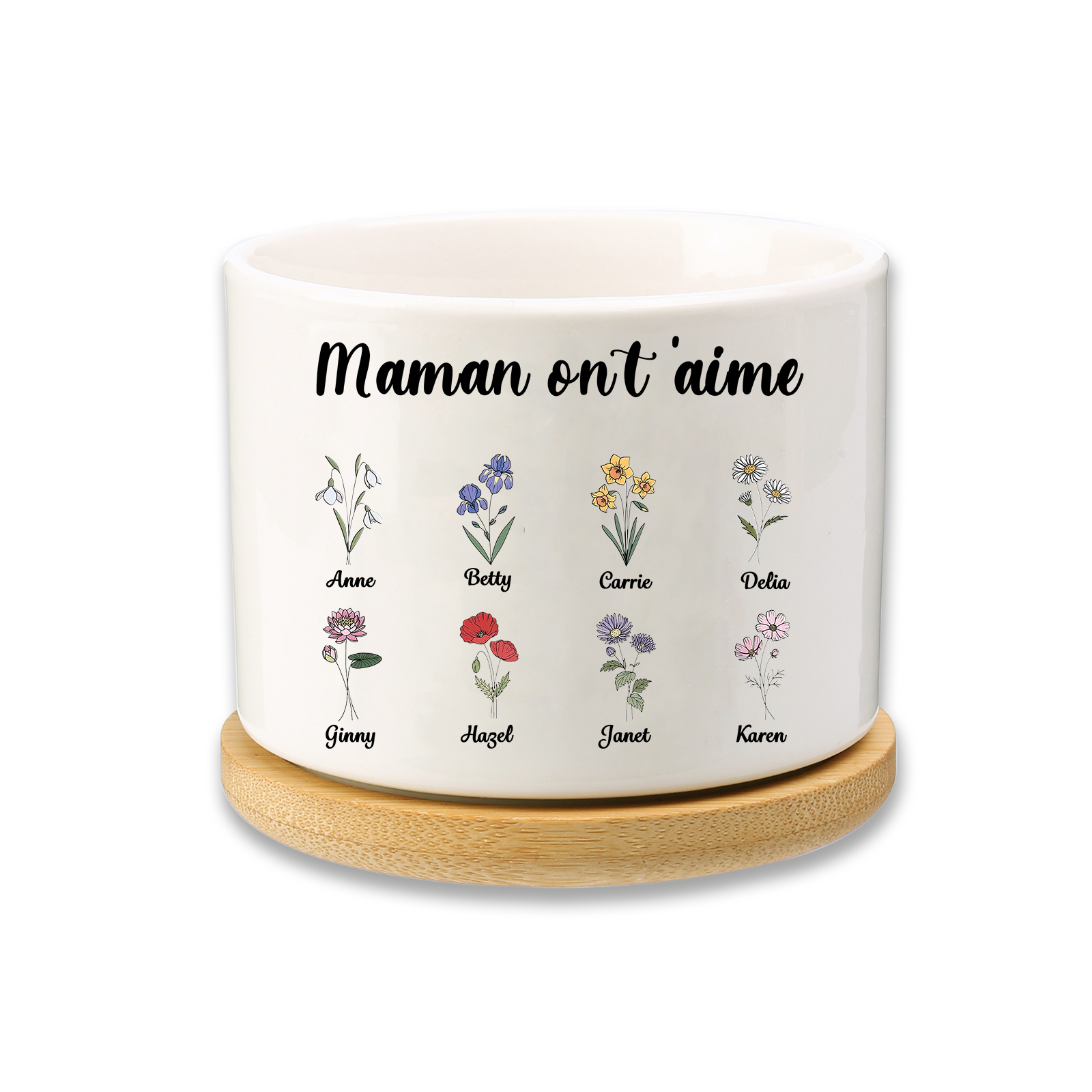 Vase/Pot de Fleurs 8 Prénoms et 1 Texte Personnalisés avec Fleurs de Naissance Décoration de la Maison (sans plantes)