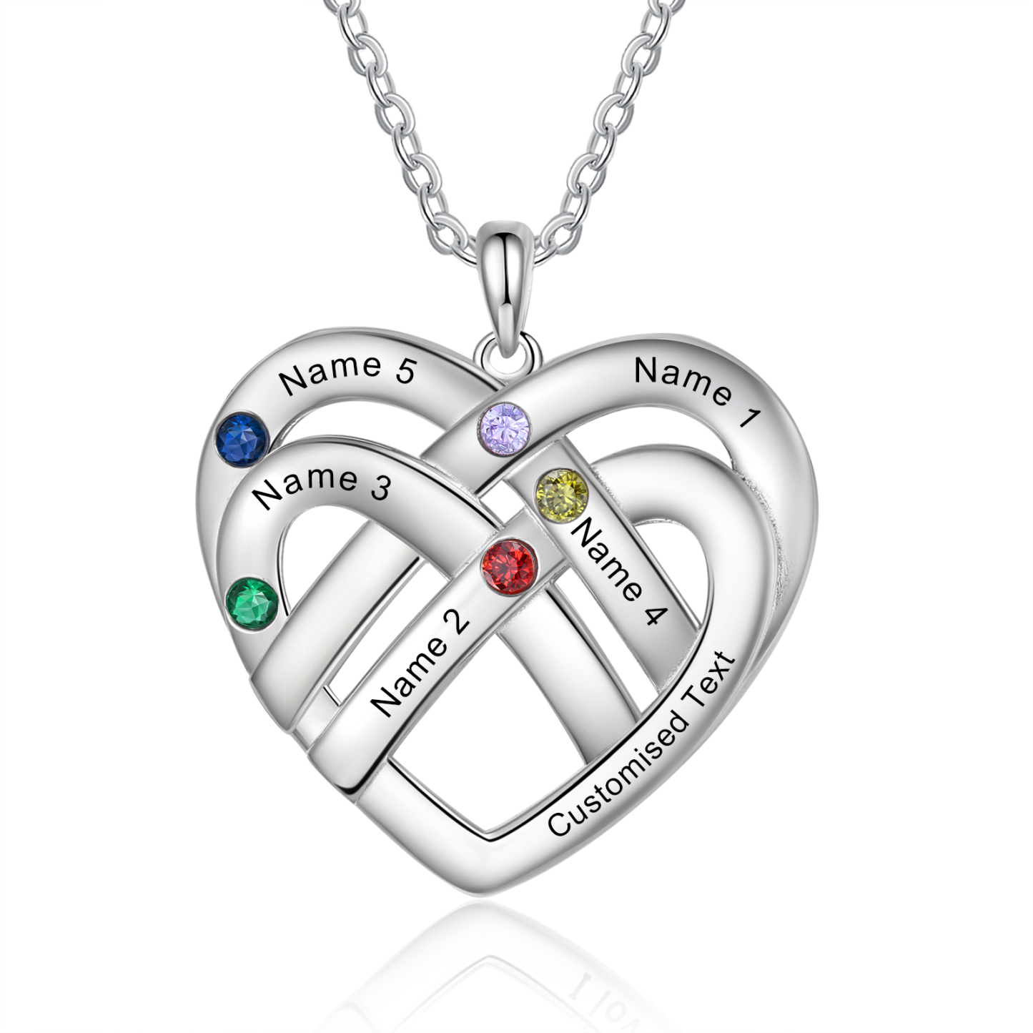 Collier Pendentif Cœur 5 Prénoms et 1 Texte Personnalisés avec 5 Pierres de Naissance Collier Femmes