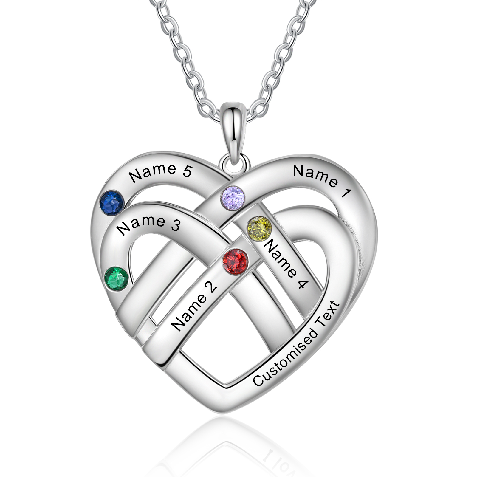Collier Pendentif Cœur 5 Prénoms et 1 Texte Personnalisés avec 5 Pierres de Naissance Collier Femmes