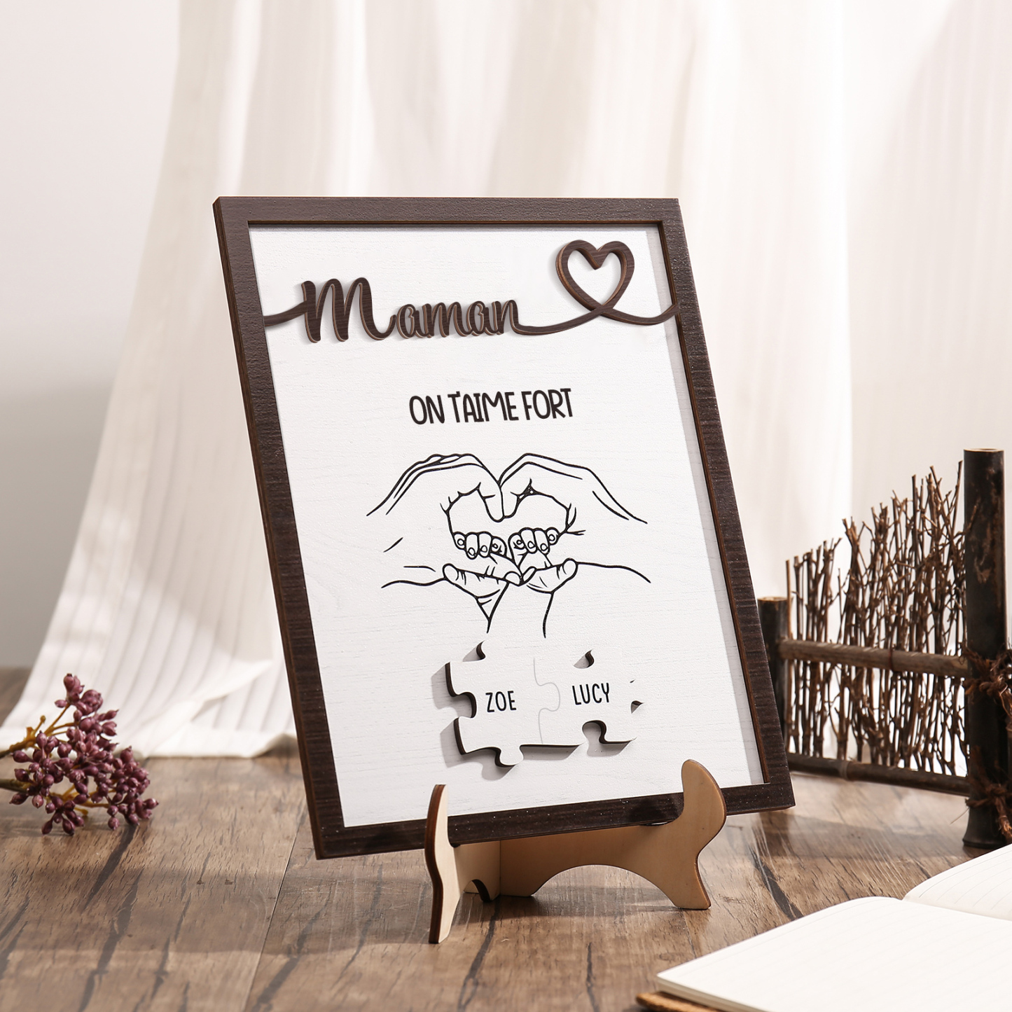 À Maman - Décoration en bois Mains et Puzzles 2 Prénoms et 1 Texte Personnalisés Ornement Famille