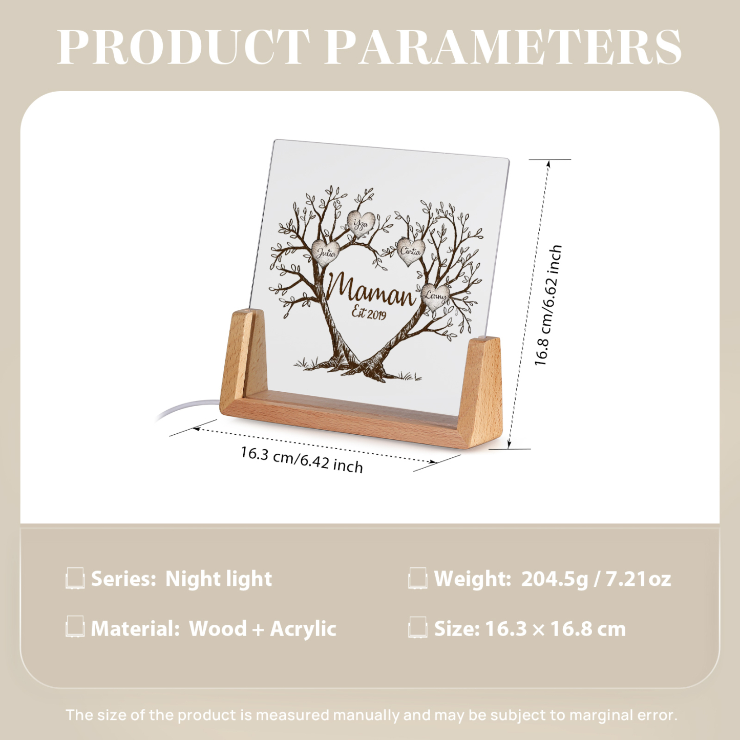 À Maman/Mamie - Lampe de chevet LED Arbre de Vie 4 Prénoms Personnalisés avec Texte et Date pour Famille